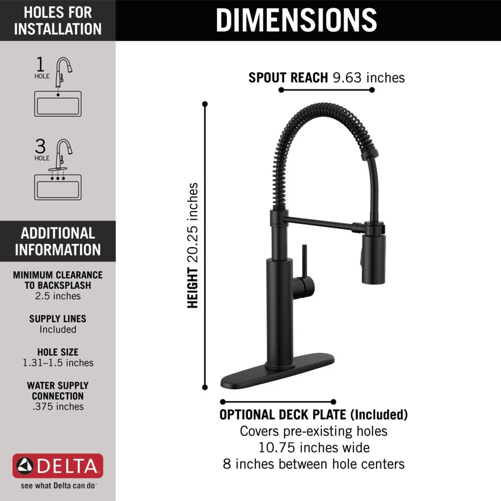 Delta Antoni Pro Style Commercial Kitchen Faucet with Pull Down Sprayer, Single Hole Matte Black Kitchen Sink Faucet, Single Handle, Matte Black 18803-BL-DST