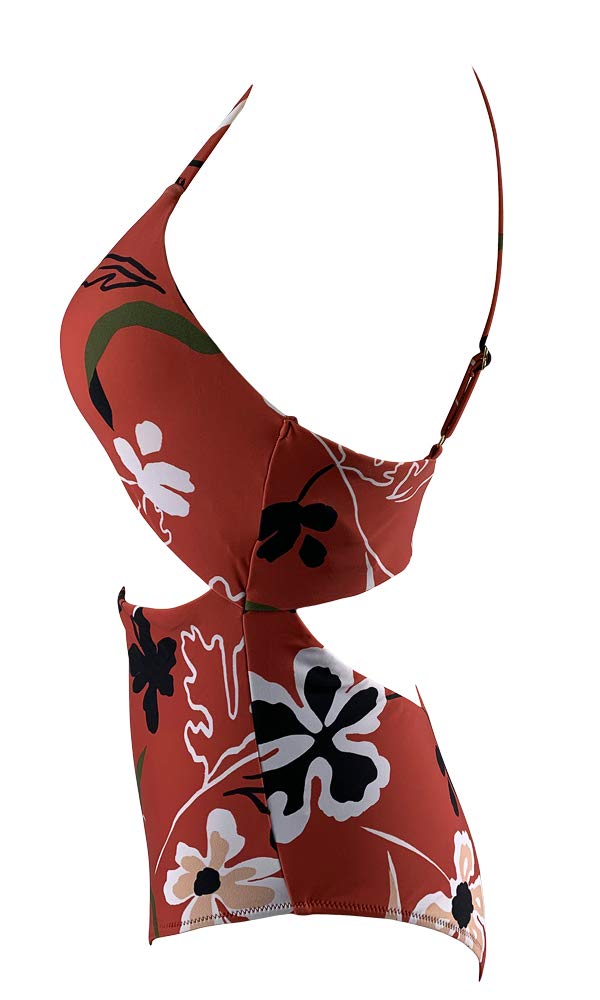 Agreya Women\'s high Slit Halter Back one-Piece Swimsuit (Rusty red Flowers, S)
