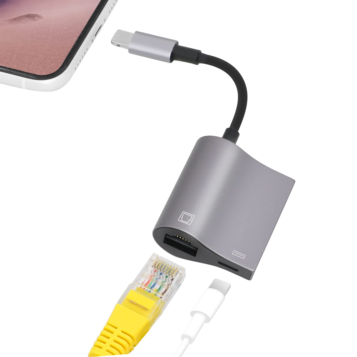 KozyOne 2 in 1 Light-ning to RJ45 Ethernet Adapter, 10Mbps/100Mbps RJ45 Ethernet Adapter with Charging Port, Compatible with i-Phone/iPad/iPod, Fast and Stable for Gaming and Video Watching (Grey)