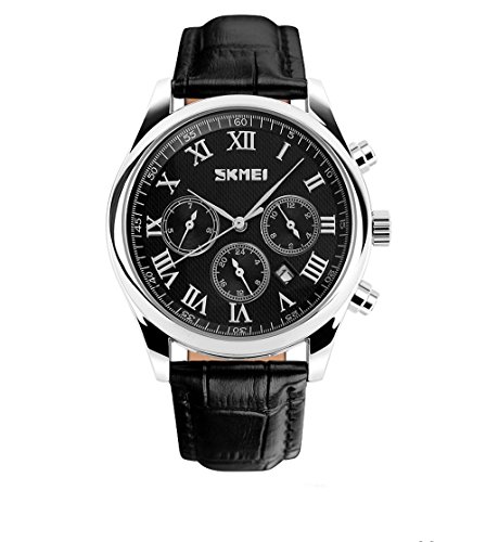 J.Market 30 Meters Waterproof Quartz Watch Men with Date Function with Genuine Leather Band (Black)