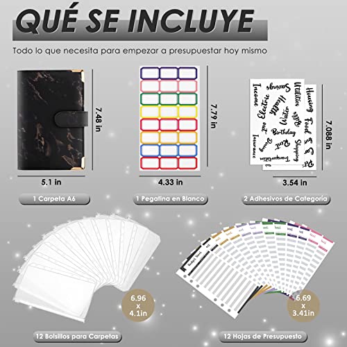 Organizador de Dinero, Carpeta de Cuaderno A6 de Presupuesto, Agenda de Ahorro, Hoja de Presupuesto de Gastos en Efectivo con Sobre de Efectivo, Papelería de Utiles Oficina para Adultos y Niños(Negro)