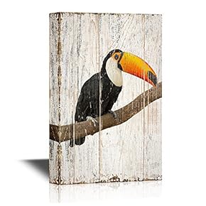 Birds and Poultry Canvas Wall Art - A Toucan Standing on The Tree Branch - Vintage Wood Style Giclee Print Gallery Wrap Modern Home Art | Ready to Hang - 12x18 inches