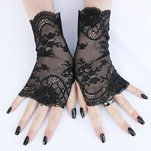 Jett black lace fingerless gloves Halloween Cosplay Weddings