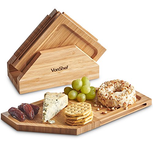VonShef Jigsaw Platter Cheese Board with Display Stand, Natural Bamboo Wooden Charcuterie and Meat Serving Boards, 4 Connecting Coaster Plates Included, H6 X W6 X D0.5 Inches