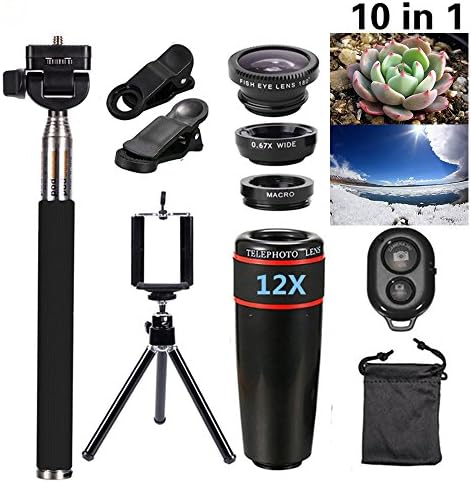 10 In 1 Camera Lens Kit,WMTGUBU Universal HD Clip-on 12X Telephoto Lens,Fisheye,Wide Angle,3 in 1 Micro Telephone Lens,Mini Tripod,Selfie Stick Monopod For Iphone iOS Andriod Smartphone