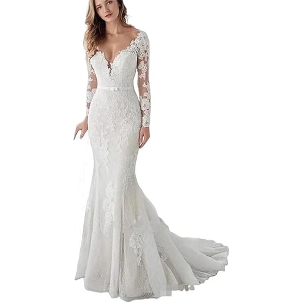 chinese dress ladies Long Sleeve Mermaid Wedding Dresses for Bride 2024 Lace V Neck Boho Bridal  Gowns for Women Style13-Ivory 2 at Amazon Women's Clothing store