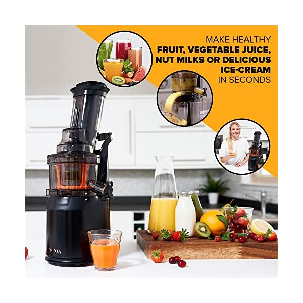 Powerful-Masticating-Juicer-for-Whole-Fruits-and-Vegetables-Fresh-Healthy-Juice-Sorbet-Ice-Cream-Wide-Mouth-75mm-Feeding-Chute-BPA-Free-240-Watt-Cold-Press-Black-Stainless-Steel-Fridja-f1900 FRIDJA Powerful Masticating Juicer for Whole Fruits and Vegetables, Fresh Healthy Juice, Sorbet, Ice Cream, Wide Mouth…