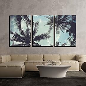 3 Piece Canvas Wall Art - Branches of Coconut Palms Under Blue Sky - Modern Home Art Stretched and Framed Ready to Hang - 16"x24"x3 Panels