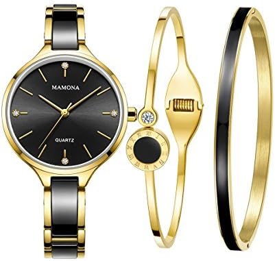 Ladies Quartz Watch Women Bracelet Set-MAMONA Gold Black Ceramic and Stainless Steel Watch Gift 3877LBKT