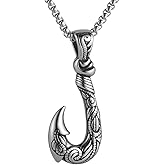 Men'S And Women'S Hawaiian Fish Hook Pendant Necklace With Exquisitely Carved Patterns On The Pendant,316L Stainless Steel, Silver Stainless Steel Square Pearl Chain, Vintage Jewelry Gift