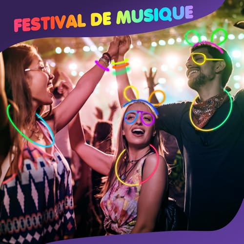 Ziitty 100 Luminous Fluorescent Bracelets, Christmas Decoration Accessory, 7 Beautiful Colours Glow Stick, Fluorescent Accessory, Wolves and Glasses Neon Gadgets for New Year Party Decoration