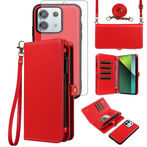 Asuwish Phone Case for Xiaomi Redmi Note 13 Pro 5G/Poco X6 Zipper Wallet Detachable Cell Cover with Tempered Glass Screen Protector Crossbody Lanyard Strap Flip Card Holder Slot 13Pro 6X Red