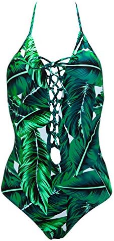 One Piece Swimsuit for Women Halter Lace up, Green Leaves Bathing Suits