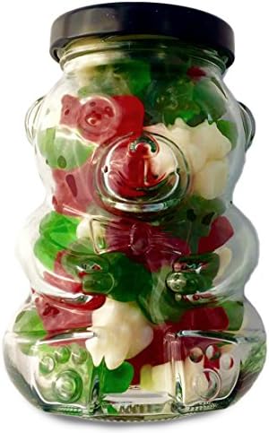 Christmas Candy Gift - Gummi Bears in Glass Bear Jar with Festive Holiday Label by Luxury Gourmet Sweets - Perfect Gift Stocking Stuffer Decoration Secret Santa - Red Green White Gummy Candies
