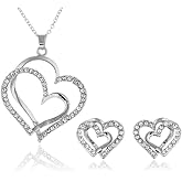 14K Rose Gold Silver Double Heart Shaped Necklace Shiny Crystal Stud Earrings Wedding Jewelry Set Best Gifts-Silver Set