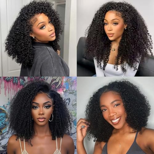 Half Wig Human Hair Curly Half Head Glueless Wig Human Hair Wig Glueless Wig 18 Inches 3 In 1 Seamless Flip Over Drawstring Wigs Headband Wig Kinky Curly Natural Colour