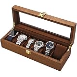 LESTAR Watch Box, Executive 6 Slots Watch Case with Valet, Glass Topped Wooden Watch Display Case Watch Organizer, Jewelry Storage Case