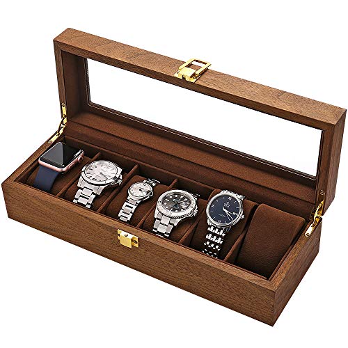 LOSKORIN Watch Box, Executive 6 Slots Watch Case with Valet, Glass