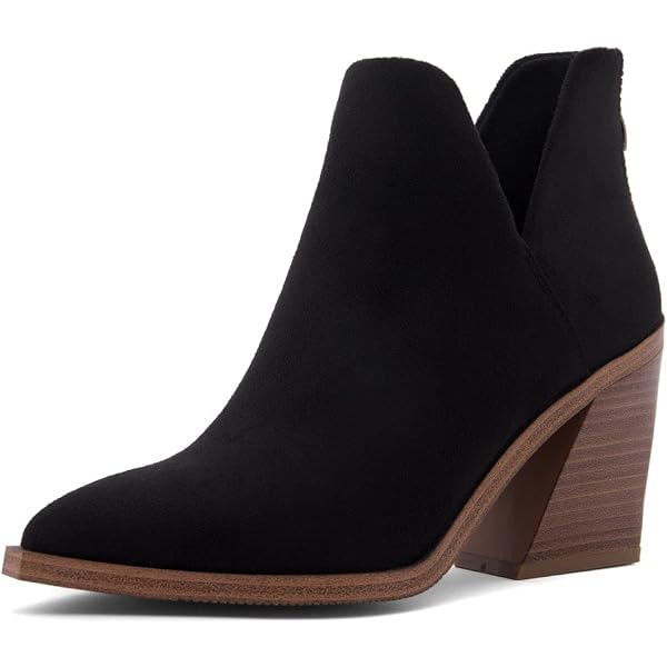 FISACE Women's Ruffled Ankle Booties | V Cut Out Pointed Toe, Chunky Low Heel (1.75") | Western Style Dress Boots