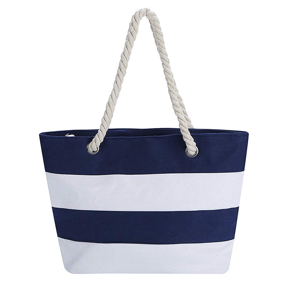 ZhengYue Beach Bag for Women, Ladies Canvas Bag Handbag Tote Shoulder Bag withSimple Stitching Color Design Stripes with Cotton Rope Handle for Summer Holiday Blue