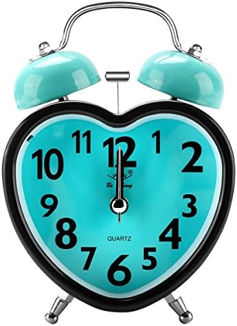 Alarm Clock for Heavy Sleepers, Silent Desk Bedside Travel Alarm Clock, Cute No Ticking Twin Bell with Nightlight and Loud Alarm Analog Clock for Bedrooms(Blue of Heart Shaped)