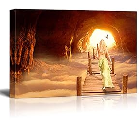 Canvas Wall Art - Fantasy Series - Beauty Walking Towards The Light in a Cave - Giclee Print Gallery Wrap Modern Home Art Ready to Hang - 12x18 inches