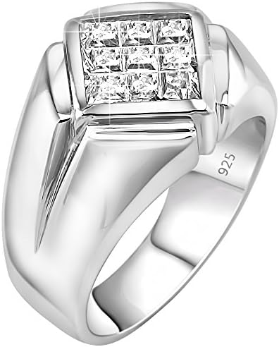 [2-5 Days Delivery] Men's Classy and Elegant Sterling Silver .925 Ring with Invisible Set Look Princess-Cut Cubic Zirconia (CZ) Stone, Platinum Plated Jewelry