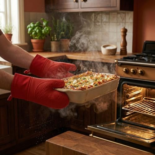 Luva de Silicone Térmica Resistência Suporta calor até 220°C Forro Interno Macio À Prova de Calor Antiderrapante e Impermeável Luva Para Forno e Fogão Premium Segurança e Conforto (Preto)