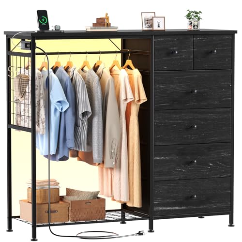DUMOS Dresser for Bedroom with Hanging Rack, 6 Drawer Fabric Dresser with Charg…