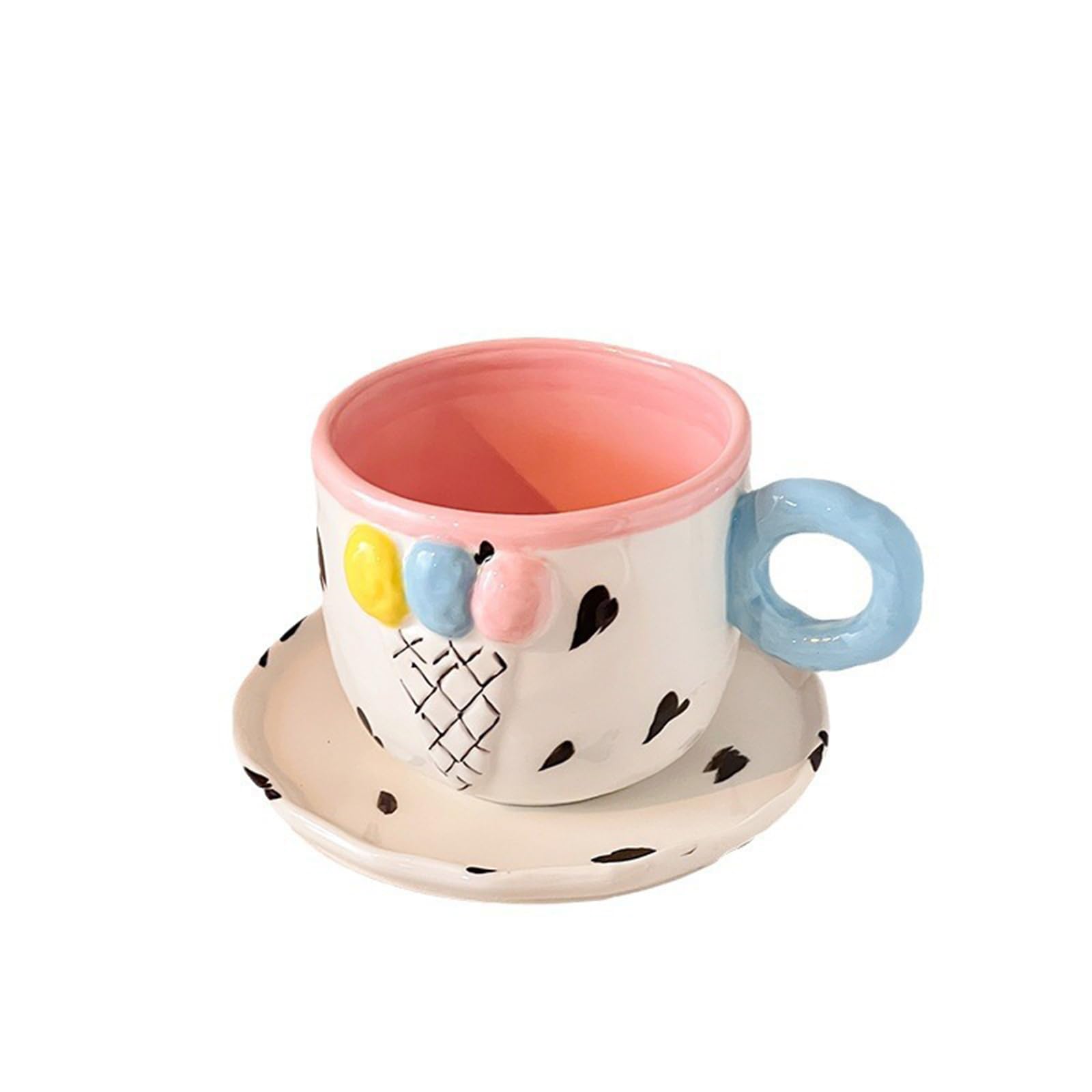 Soulnioi Ceramic Coffee Mug, Cute Ice-Cream Cappuccino Cup and Saucer Set, 280ML Breakfast Oatmeal Cup Creative Tea Milk Cup for Gift - Ice Cream