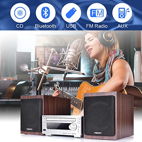 neon Hi-Fi Stereo Systems with Wooden Speakers, CD Stereo Player with Bluetooth USB FM Radio Function, with Remote Control, for Home Audio Music Sound System, MCB1533