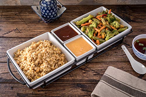 Food Serving Dish Set: 4 White Stoneware Bowls with Metal Display Stand | Perfect for Appetizers, Snacks, and Meals