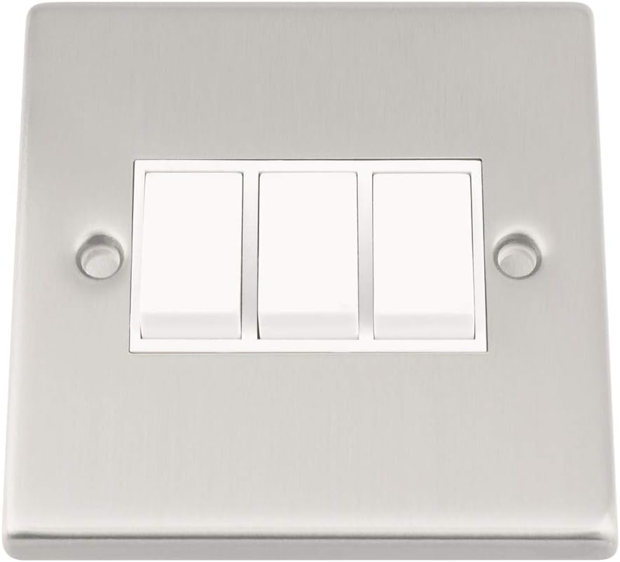 Light Switch 3 Gang - Satin Matt Chrome - Square - White Insert Plastic Switch - 10 Amp Triple 3 Gang 2 Way