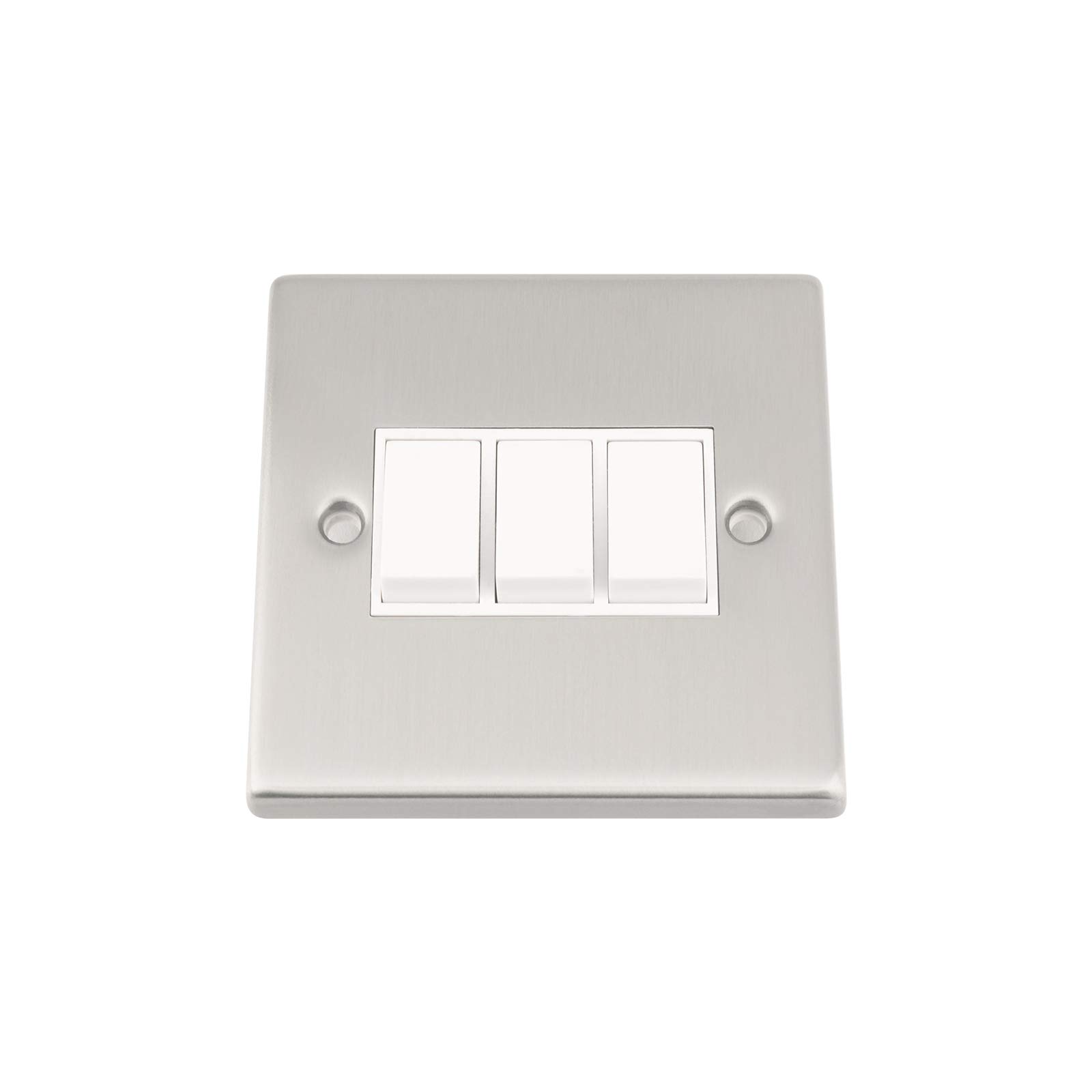 Light Switch 3 Gang - Satin Matt Chrome - Square - White Insert Plastic Switch - 10 Amp Triple 3 Gang 2 Way