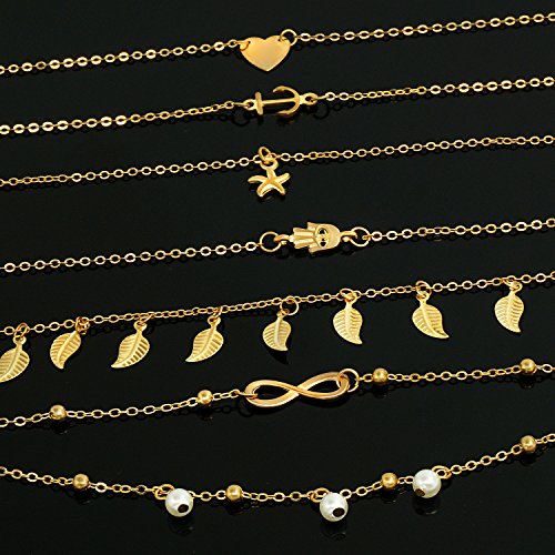 Suyi 6Pcs Adjustable Beads Charm Anklet Chains for Women Girl Sexy Slim Beach Foot Chains Jewelry Set Gold