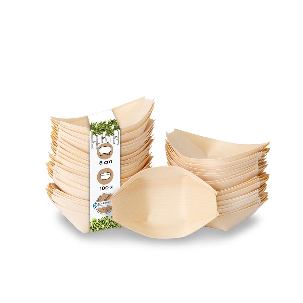 BIOZOYG Wooden Bowl Boat of Pine Wood I Organic Disposable Tableware Sustainable and Compostable I Snack Bowl for Fingerfood Currywurst Pommes Sushi I Serving Bowl for Cold and Warm Dishes 100 pcs