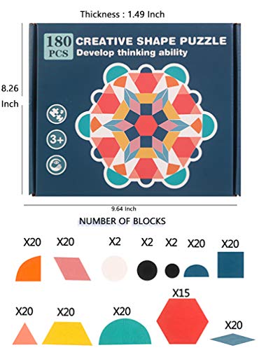 180 Pcs Wooden Pattern Blocks Puzzle, SWBONBON Geometric Shape Educational Montessori Tangram, Learning Toys Preschool Animal Jigsaw Puzzle for 3-8 Ages