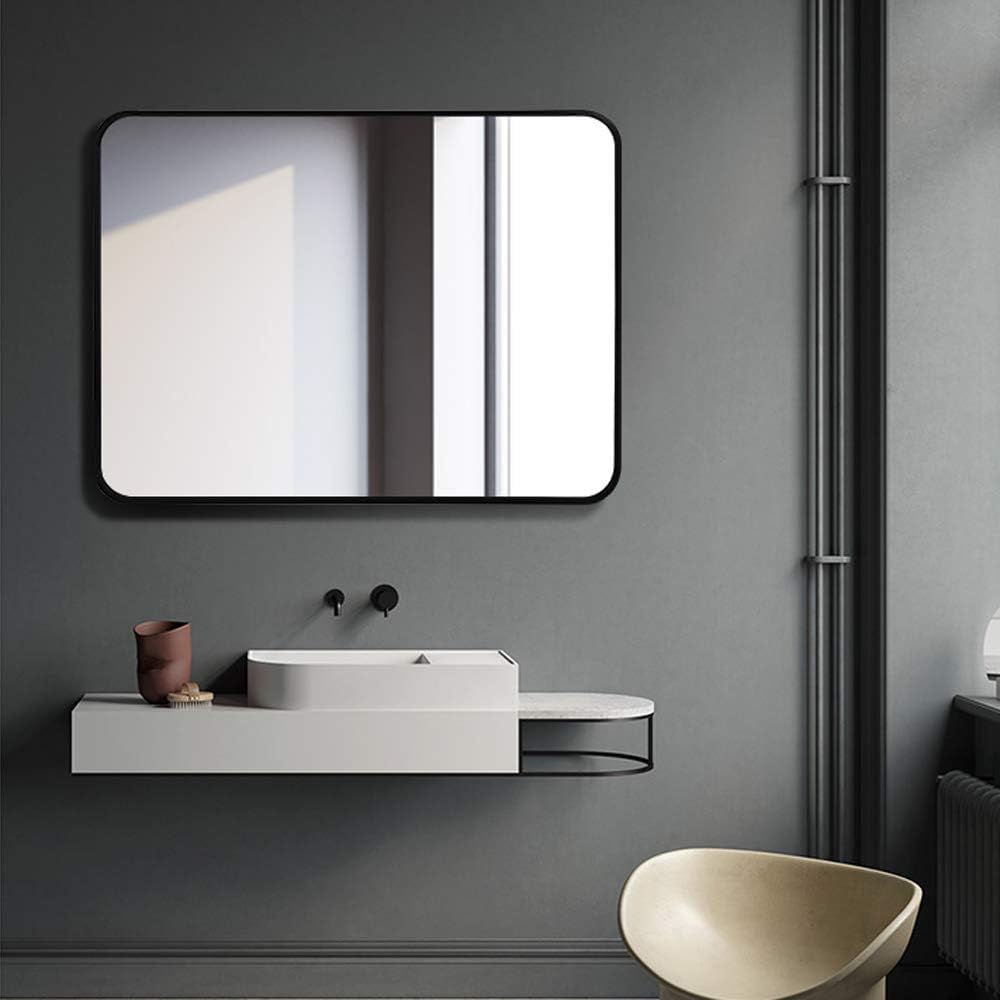 LOIGYUR Wall Mirror for Bathroom,20x30 Inch Wall Mounted Mirror with Black Metal Frame & Rounded Corner for Horizontal or Vertical: Furniture & Decor