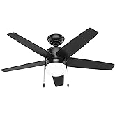 Hunter 44 inch Indoor Ceiling Fan with LED Light and Pull Chain - Black Modern Ceiling Fan, Standard Mount, 5 Blades, For Bed