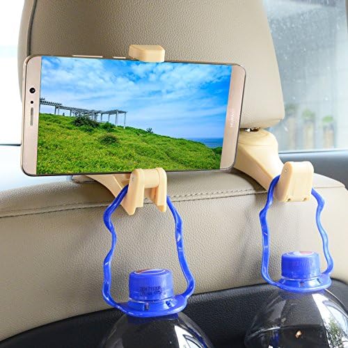 Hooks for Headrest in Car Universal With phone bracket for Bag Purse Cloth Grocery - Set of 2 (Beige)