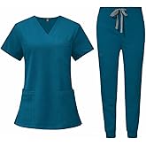 VIAOLI Scrubs for Women Set V-Neck Top and 8 Pocket Jogger Scrub Pant - Medical Uniform Nursing Scrub Set