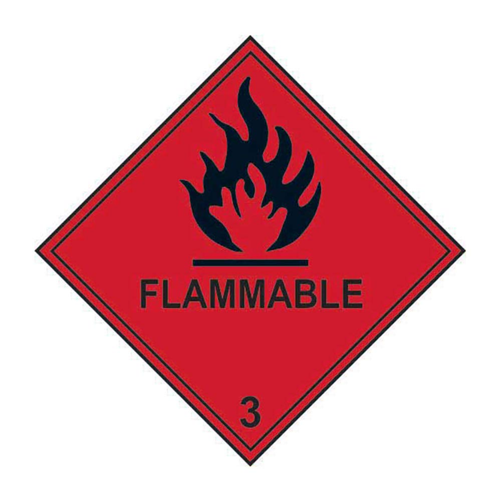 Flammable Class 3 Warning Labels - Roll of 250 - Self Adhesive Vinyl - 100mm x 100mm - Hazard Safety Stickers for Liquids, Storage & Transport