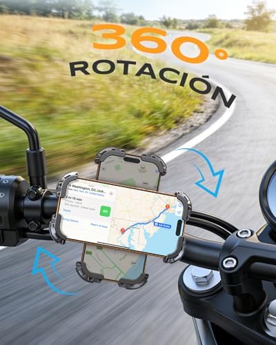 Soporte Movil Moto 360° Rotación, Cerradura 1s y Protección Segura Soporte Movil Bicicleta para Manillar de 0.71-1.4" Diámetro, Soporte Móvil Bicicleta Compatible con iPhone 4.7-6.8", GPS