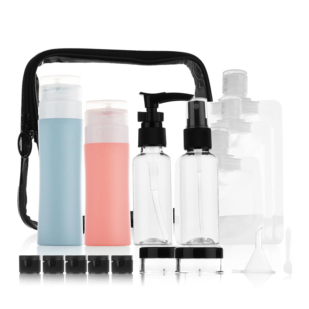 Abirday Travel Bottles for Toiletries - Travel Size Toiletries, Silicone Leak-Proof Containers with Labels, TSA Approved Toiletry Bag Travel Liquids Bag for Women & All Your Travel Accessories (Pink)