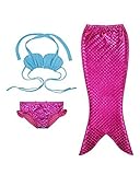 PGXT Girls 3 Pcs Princess Mermaid Tail Swimwear Swimsuit Bikini Blue+Rosered 130CM