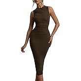 FairBeauty Women's Bodycon Tank Dress Crew Neck Sleeveless Casual Ruched Pencil Midi Dresses