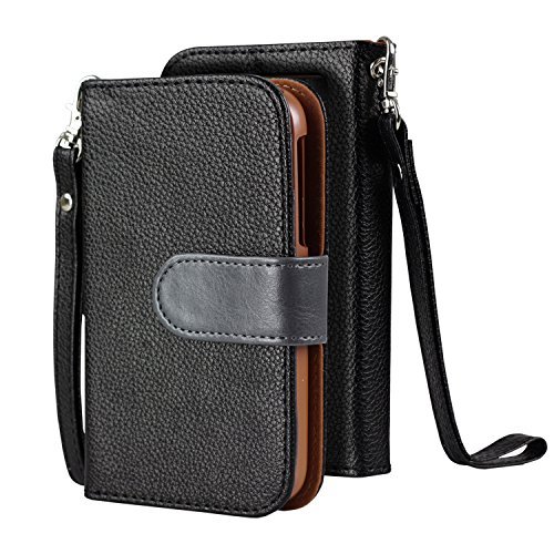 SOJITEK BlackBerry Classic Premium Two Tone Series Black Color Leather Wallet Case with Stand/ Removable Strap, Card & Money Pockets, ID Window Slots Pouches/ Smart Magnetic Reversible Flap