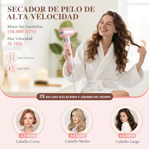 Secadora de Cabello 6 En 1 Profesional, 150,000 RPM Cepillo Secador de Cabello, Temperatura Ajustable Y Velocidades, Estilizador de Cabello con 6 Accesorios para Secado, Rizado, Alisado Y Voluminizar