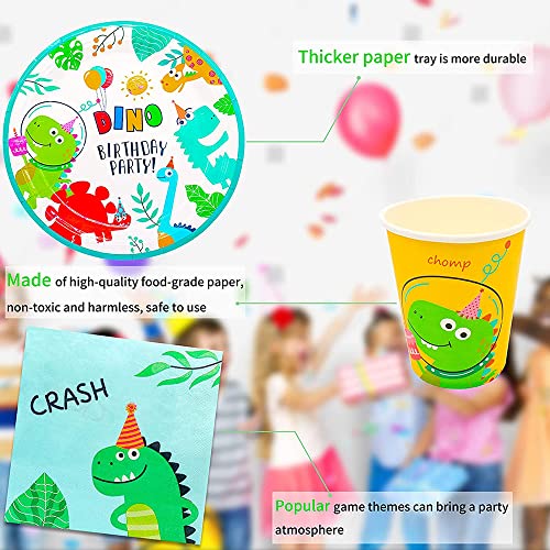 NINEFO Dino Birthday Decoration, 16 Guests Dinosaur Decoration Party Supplies Set Children's Tableware Paper Plates Cups Straws Napkins Banner Boy (Green), (NI-005)