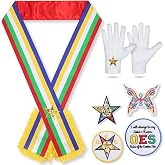Masonic Order of Eastern Star OES 5-Color Reversible Sash Set with Gloves &amp; Embroidered Patches &ndash; Double-Sided Regalia Collar with Fringe, White Gloves &amp; 4 OES Badges